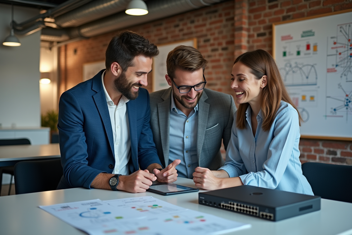 Groupe de collègues IT discutant VLAN avec tablette
