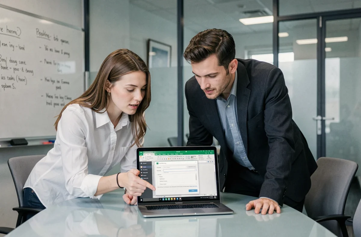 Deux collègues collaborant autour d'un ordinateur portable pour configurer le partage sécurisé d'un fichier Excel avec mot de passe en salle de réunion