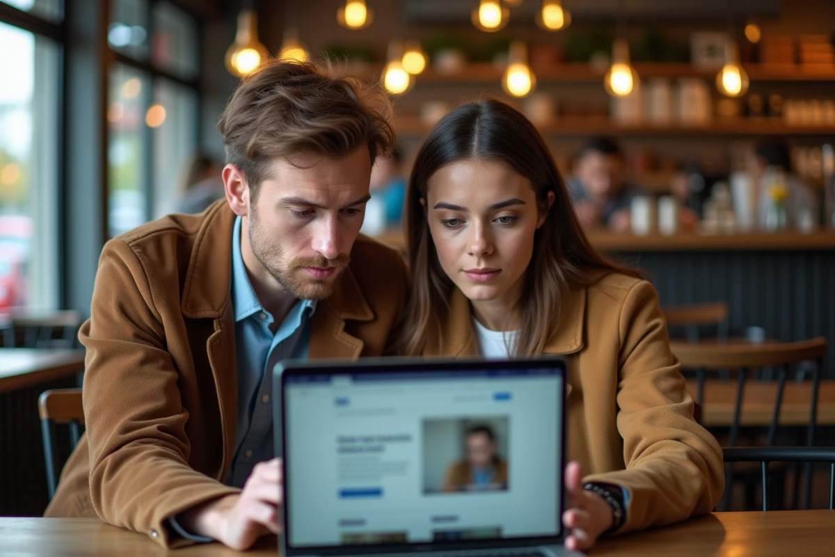 Deux collègues découvrant comment voir une story supprimée grâce à un outil en ligne dans un café