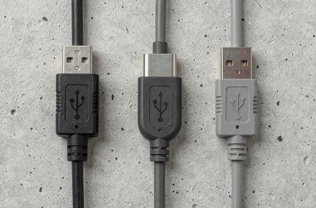 Comparaison de trois types de connecteurs USB dont USB-B et USB-C sur fond de béton gris pour carte son