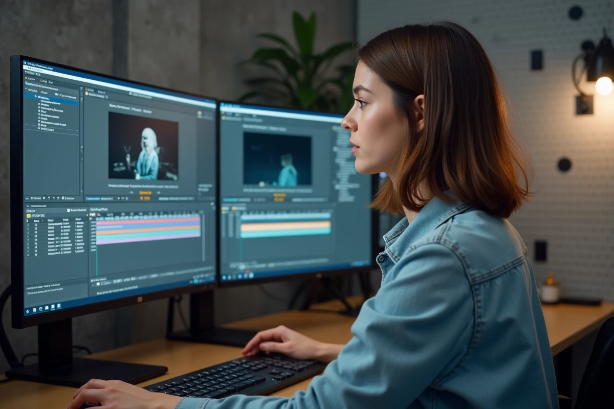 Femme comparant des fichiers vidéo MP4 sur deux écrans dans un studio créatif moderne