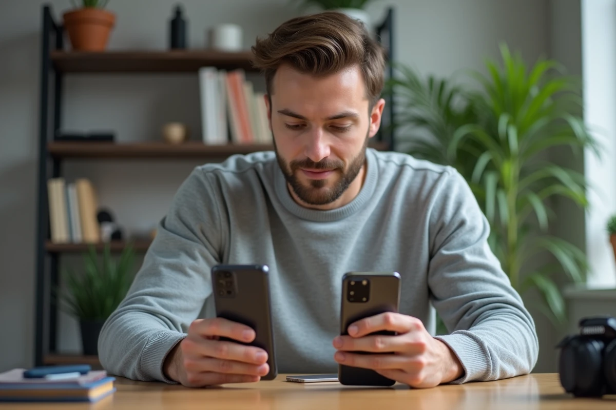 Homme comparant le Samsung Galaxy A55 et le Galaxy A52 côte à côte dans un bureau moderne