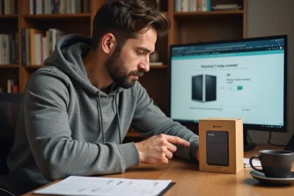 Homme comparant les spécifications de stockage sur des boîtes de disques durs externes pour comprendre la conversion des octets