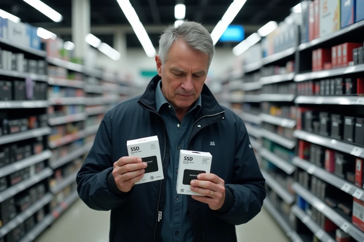 Homme en magasin d'électronique comparant deux disques SSD en tenant compte de la conversion des octets avant l'achat