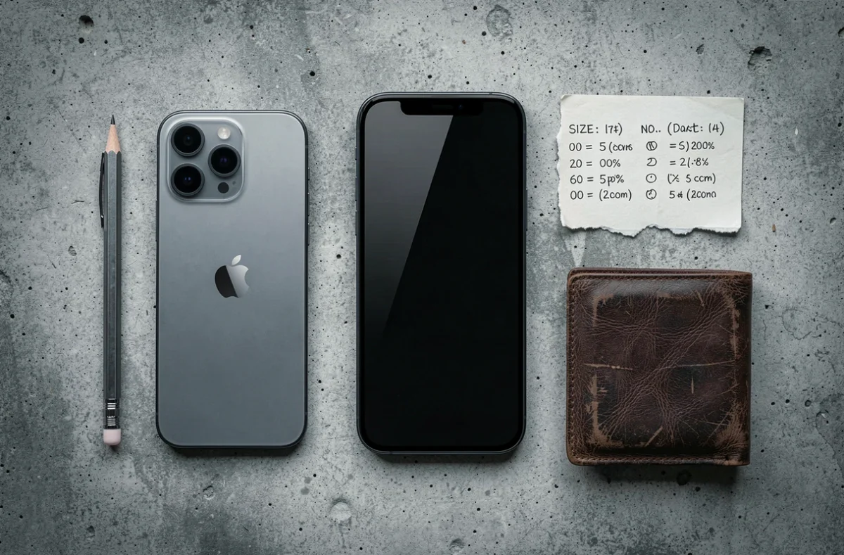 Comparaison de taille à plat entre un iPhone 12 et un smartphone moderne sur surface en béton