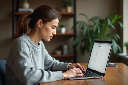Femme configurant un client de messagerie Outlook sur un ordinateur portable dans un bureau à domicile
