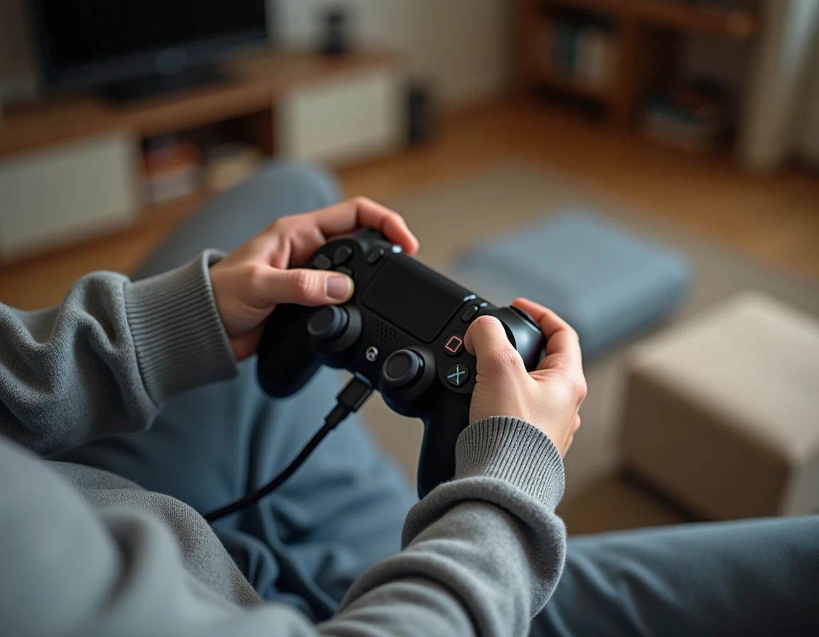 Mains connectant un câble USB de charge à une manette PS4 DualShock sur un canapé dans un salon