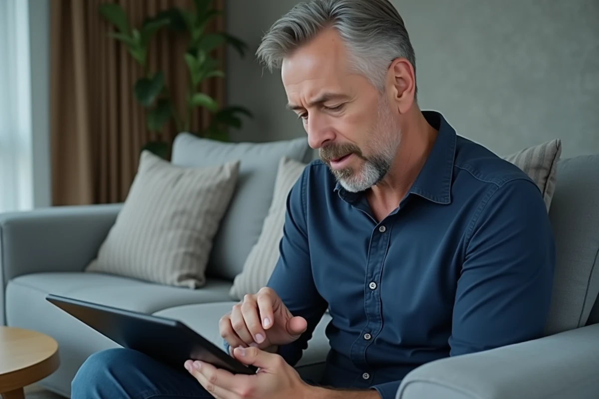 Homme consultant le service Agendis 95 depuis chez lui sur une tablette numérique dans un salon moderne