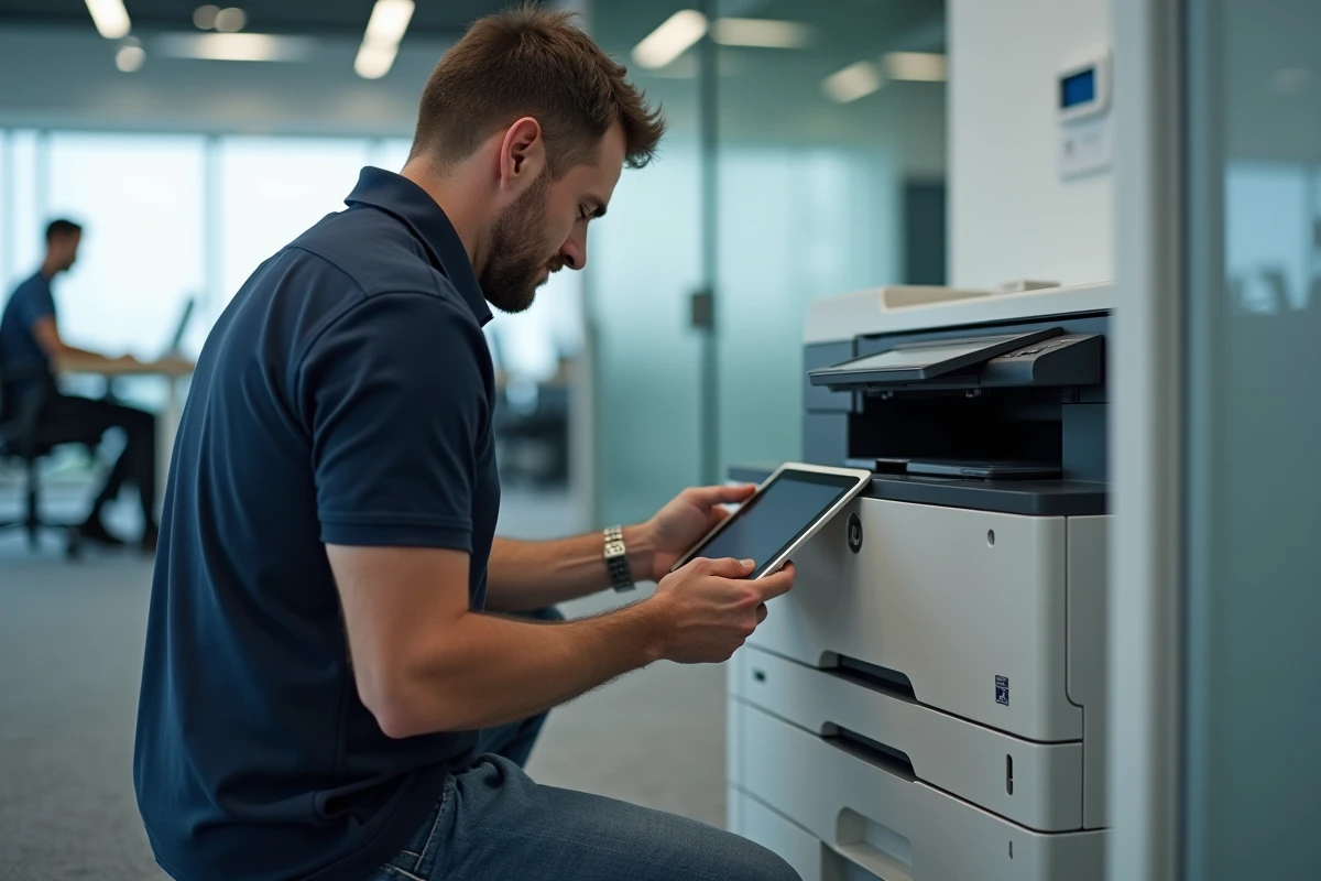 Homme résolvant un problème de connexion wifi entre une tablette et une imprimante au bureau
