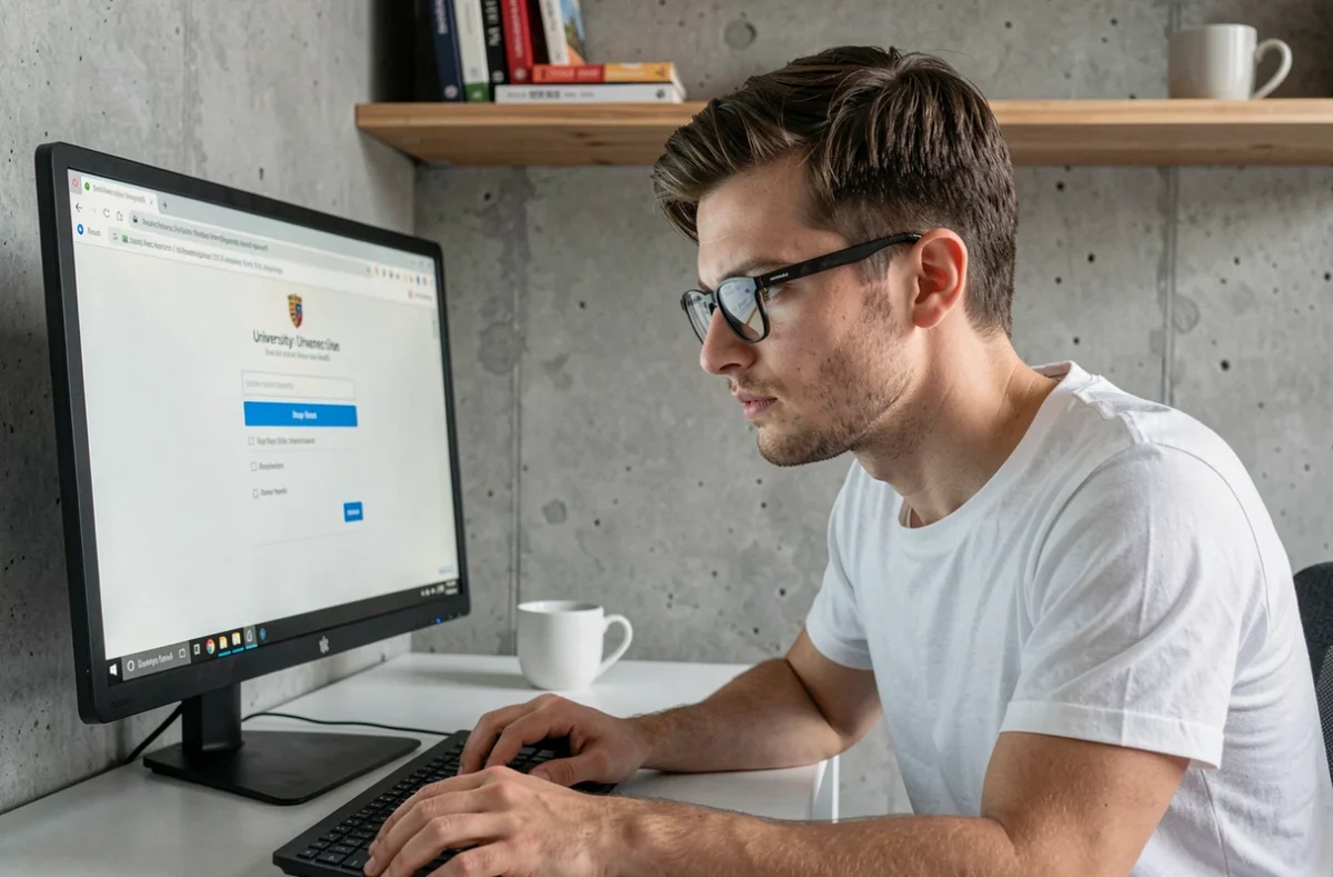 Homme connecté à son webmail universitaire Montpellier depuis un appartement en télétravail