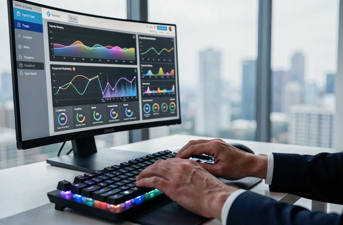 Console de gestion de sécurité cloud hybride affichant la protection des workloads critiques sur écran ultrawide