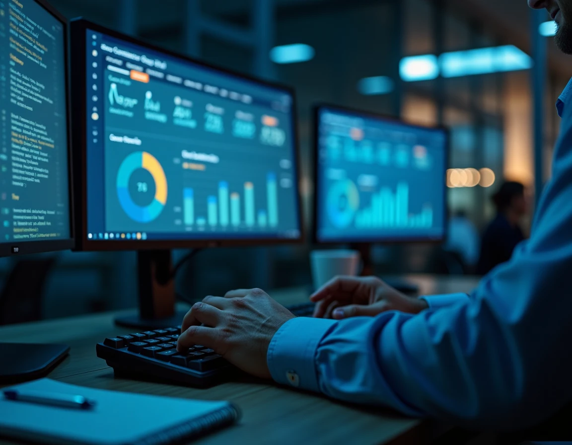 Mains d'un consultant SEO travaillant sur un audit technique avec tableau de bord analytique sur double écran