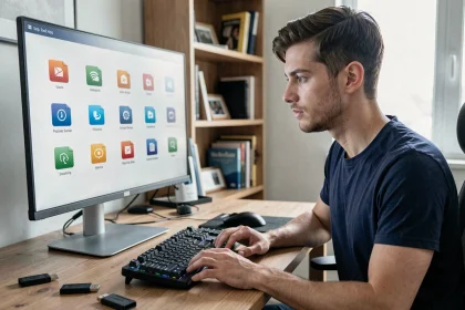 Homme utilisant un logiciel de conversion vidéo MP4 sur un ordinateur de bureau à domicile
