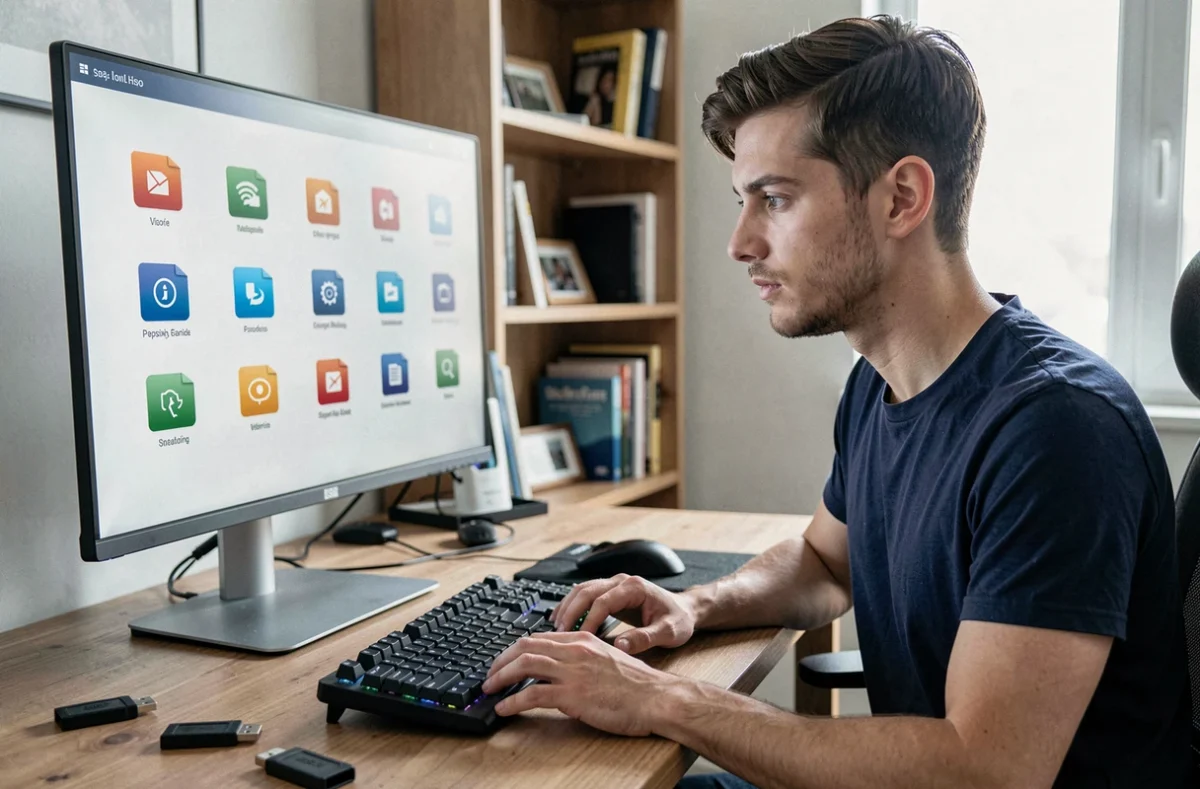 Homme utilisant un logiciel de conversion vidéo MP4 sur un ordinateur de bureau à domicile