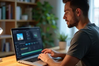 Homme utilisant un logiciel de conversion vidéo MP4 sur un ordinateur portable dans un bureau à domicile