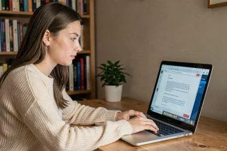 Jeune femme utilisant un correcteur orthographique en ligne sur son ordinateur portable dans un bureau à domicile