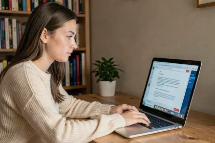 Jeune femme utilisant un correcteur orthographique en ligne sur son ordinateur portable dans un bureau à domicile