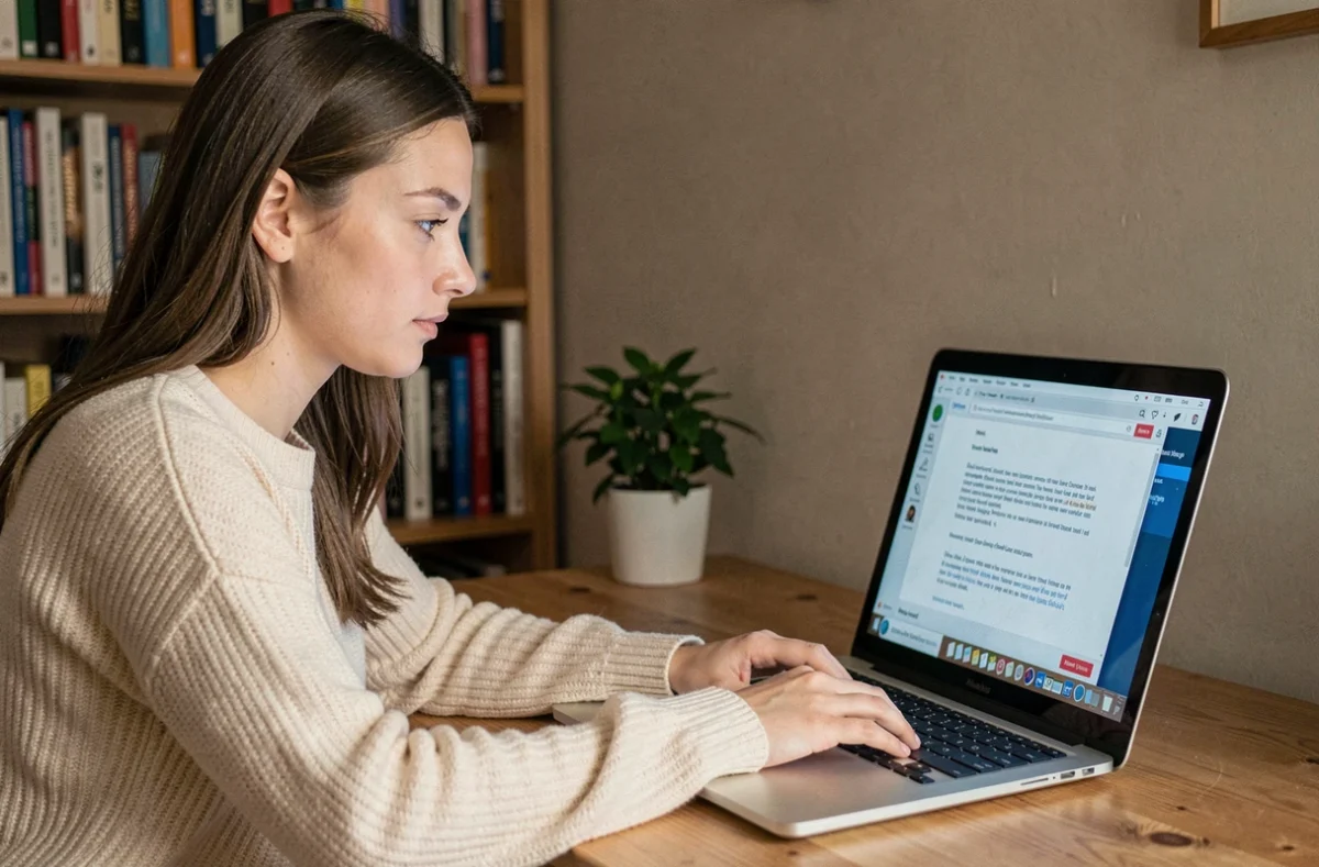 Jeune femme utilisant un correcteur orthographique en ligne sur son ordinateur portable dans un bureau à domicile