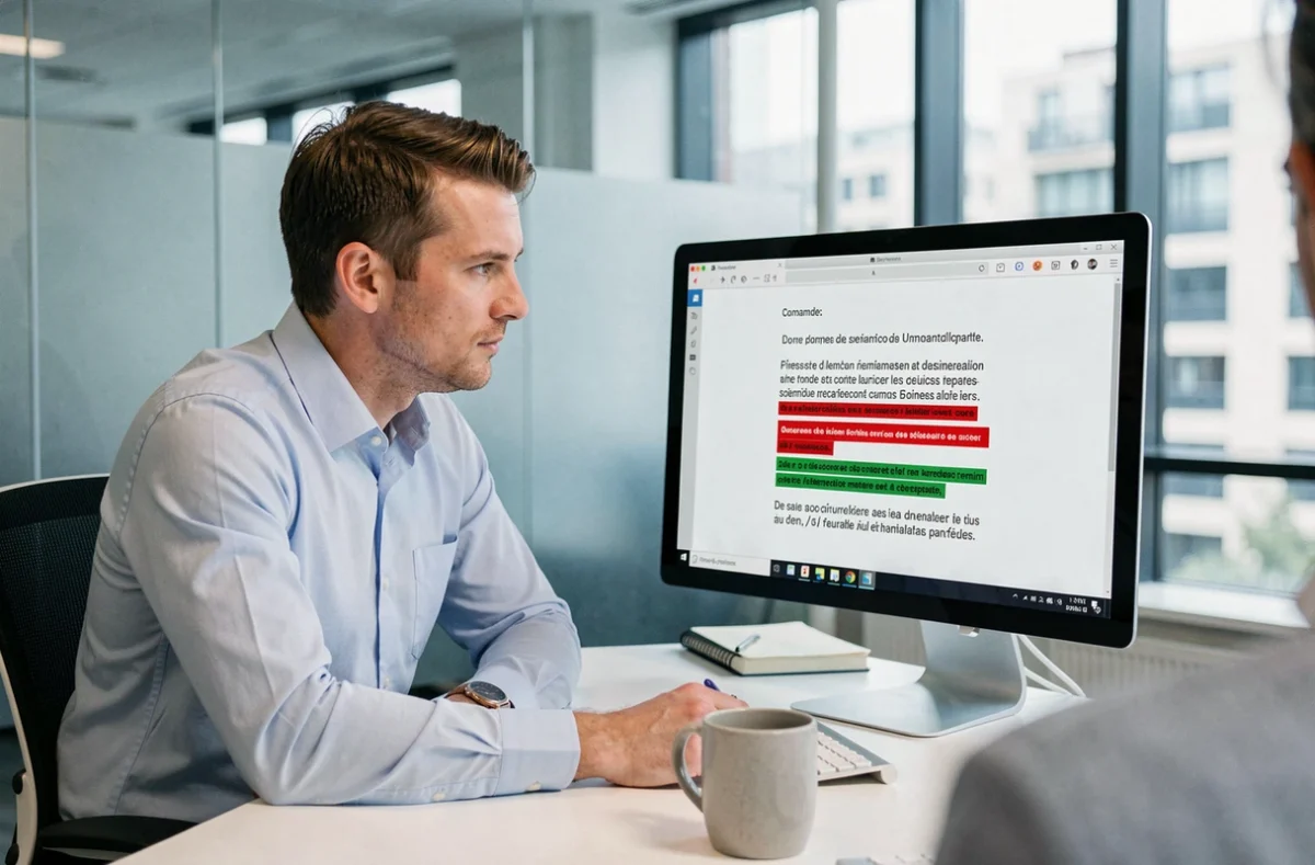 Homme en bureau professionnel corrigeant un document texte en français grâce à un outil de correction grammaticale en ligne