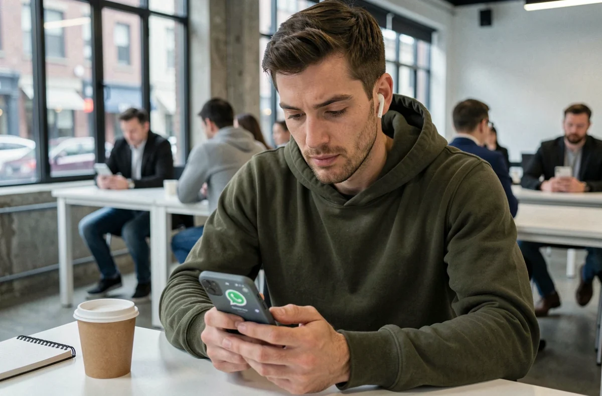 Créateur de contenu indépendant consultant ChatGPT via WhatsApp dans un espace de coworking urbain