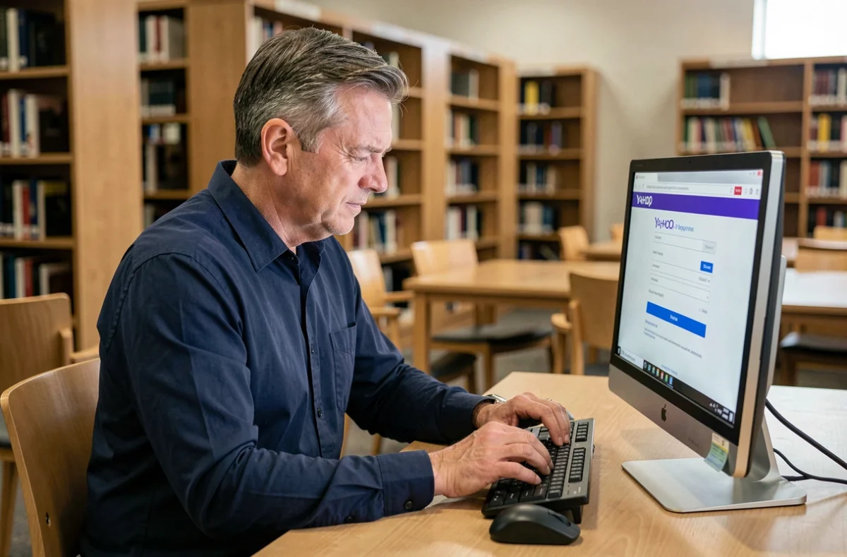 Homme senior apprenant à créer une adresse Yahoo dans une bibliothèque publique