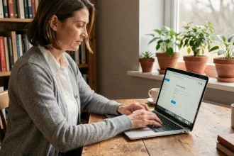 Femme adulte créant un compte email Yahoo sur son ordinateur portable dans un bureau à domicile