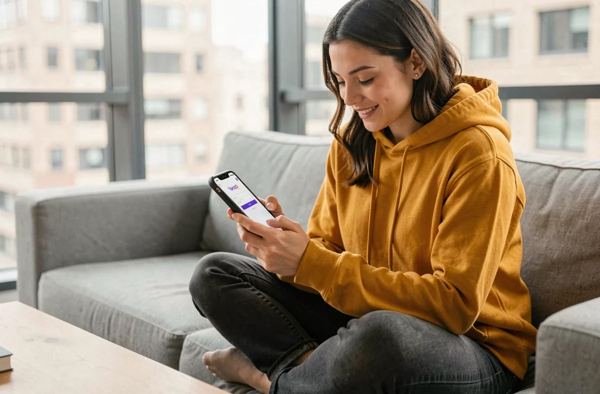 Jeune femme configurant une nouvelle adresse email Yahoo sur smartphone dans son salon moderne