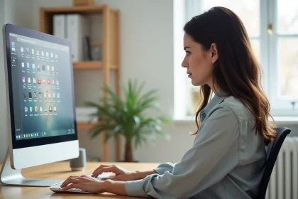 Femme créant un raccourci sur le bureau de son ordinateur Windows dans un espace de travail moderne