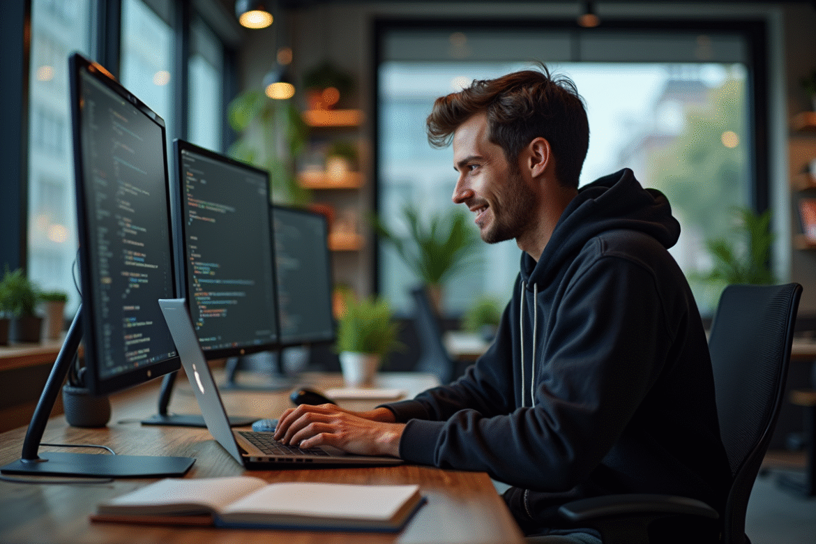 Jeune developpeur en hoodie au bureau moderne