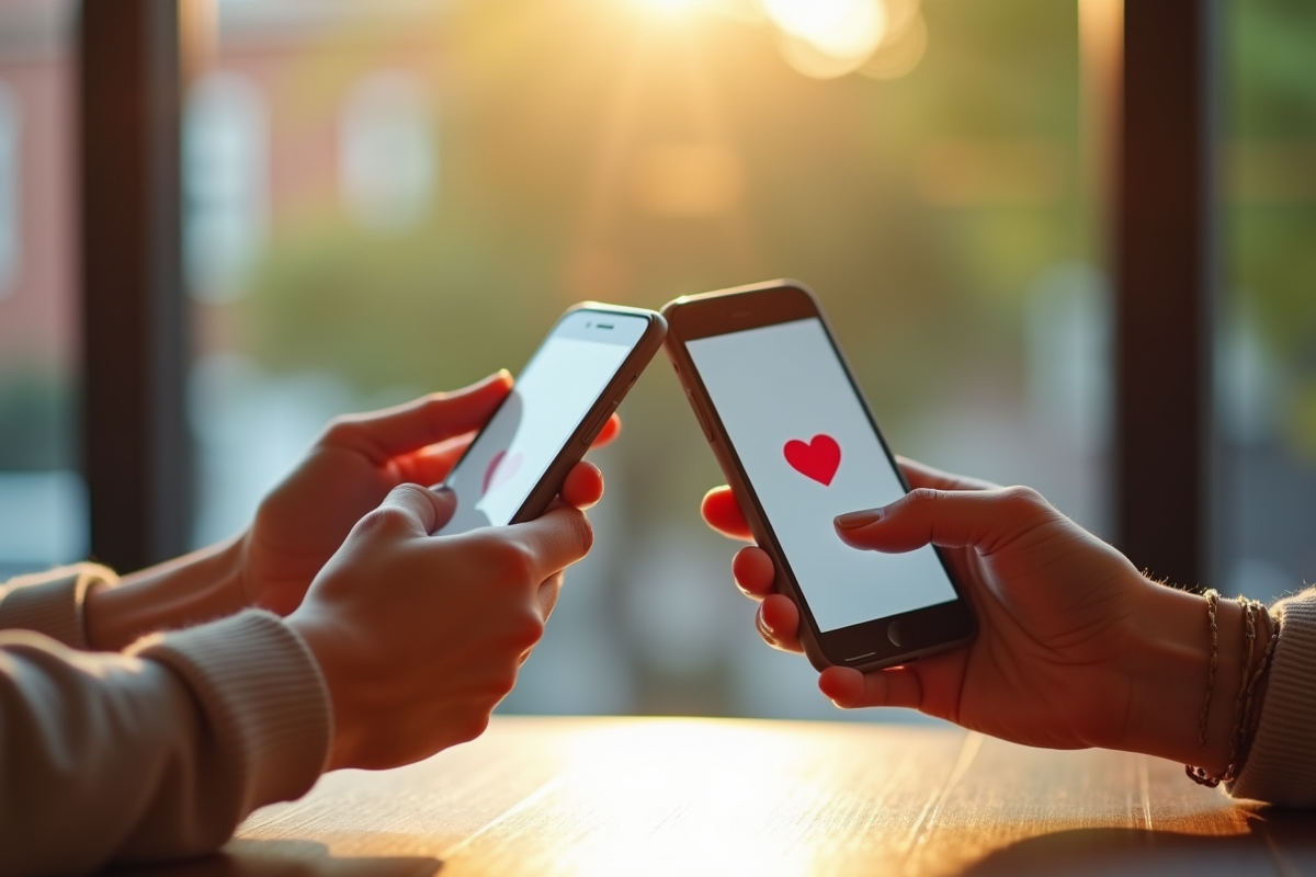 Deux amis échangent leurs smartphones avec un emoji cœur à la café