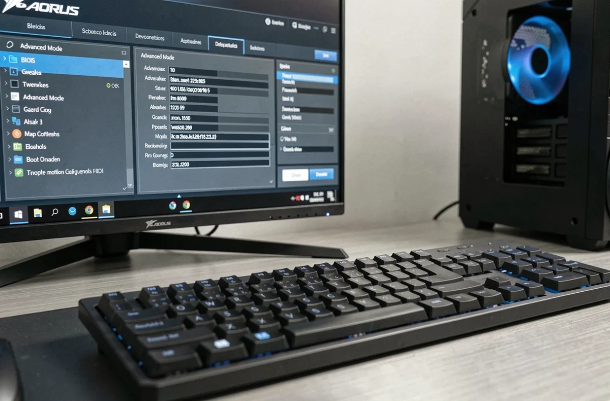 Écran BIOS AORUS affiché sur moniteur PC avec clavier au premier plan sur bureau informatique