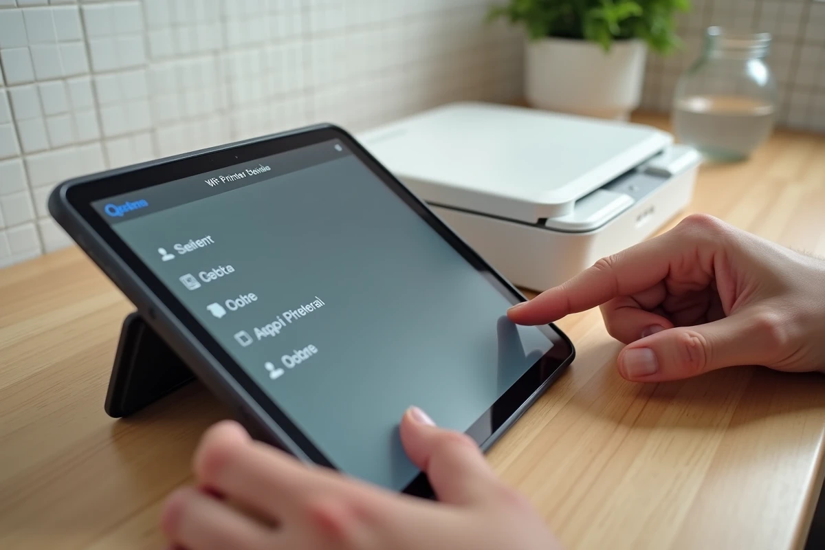Écran de tablette affichant la liste des imprimantes wifi disponibles lors d'une tentative de connexion