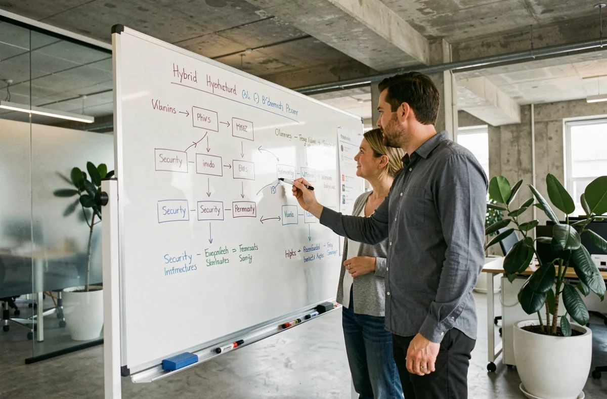 Équipe IT collaborant sur l'architecture de protection des systèmes critiques en environnement cloud hybride