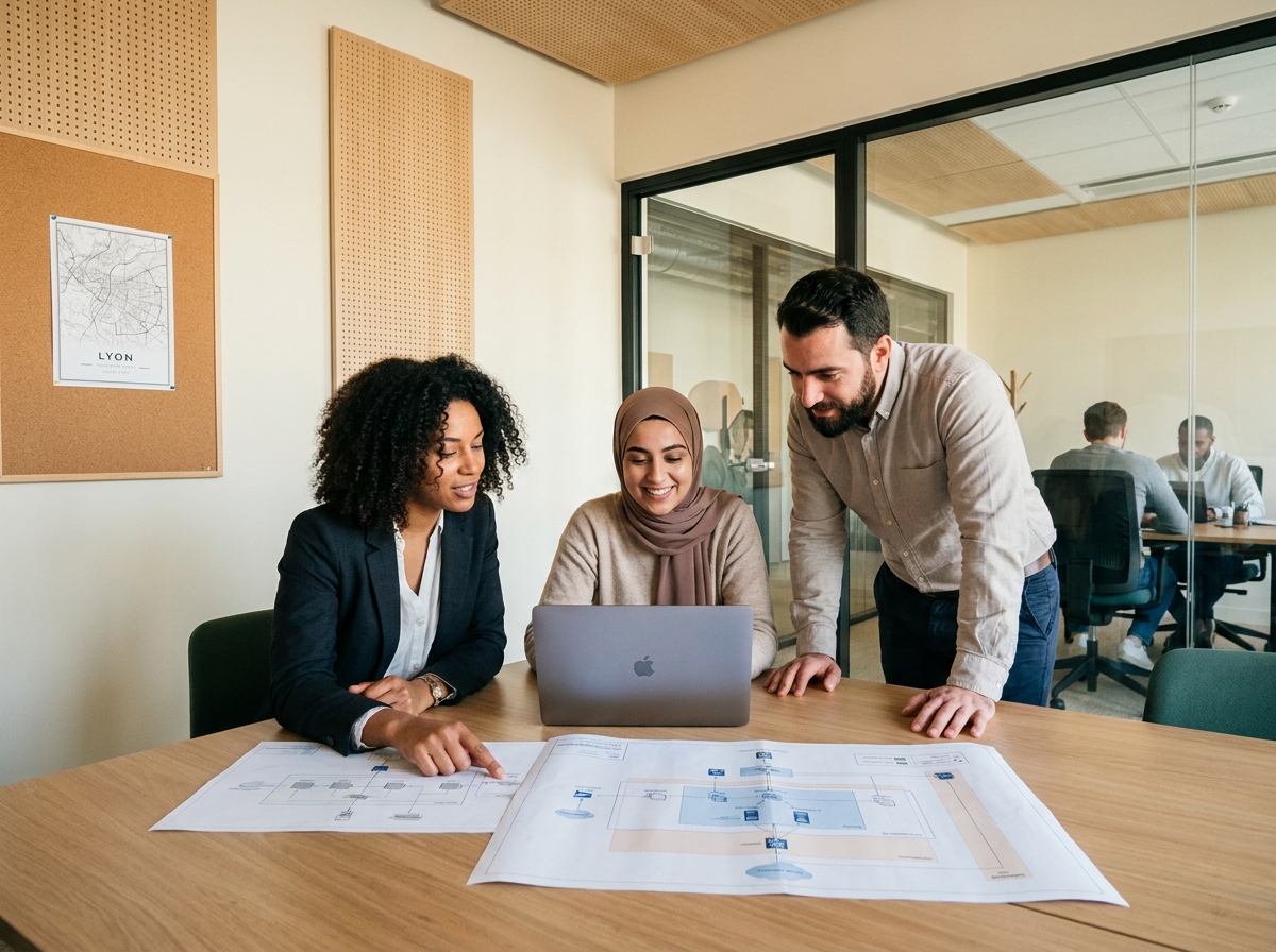 Équipe de prestataires informatiques en réunion de travail dans un espace collaboratif à Lyon