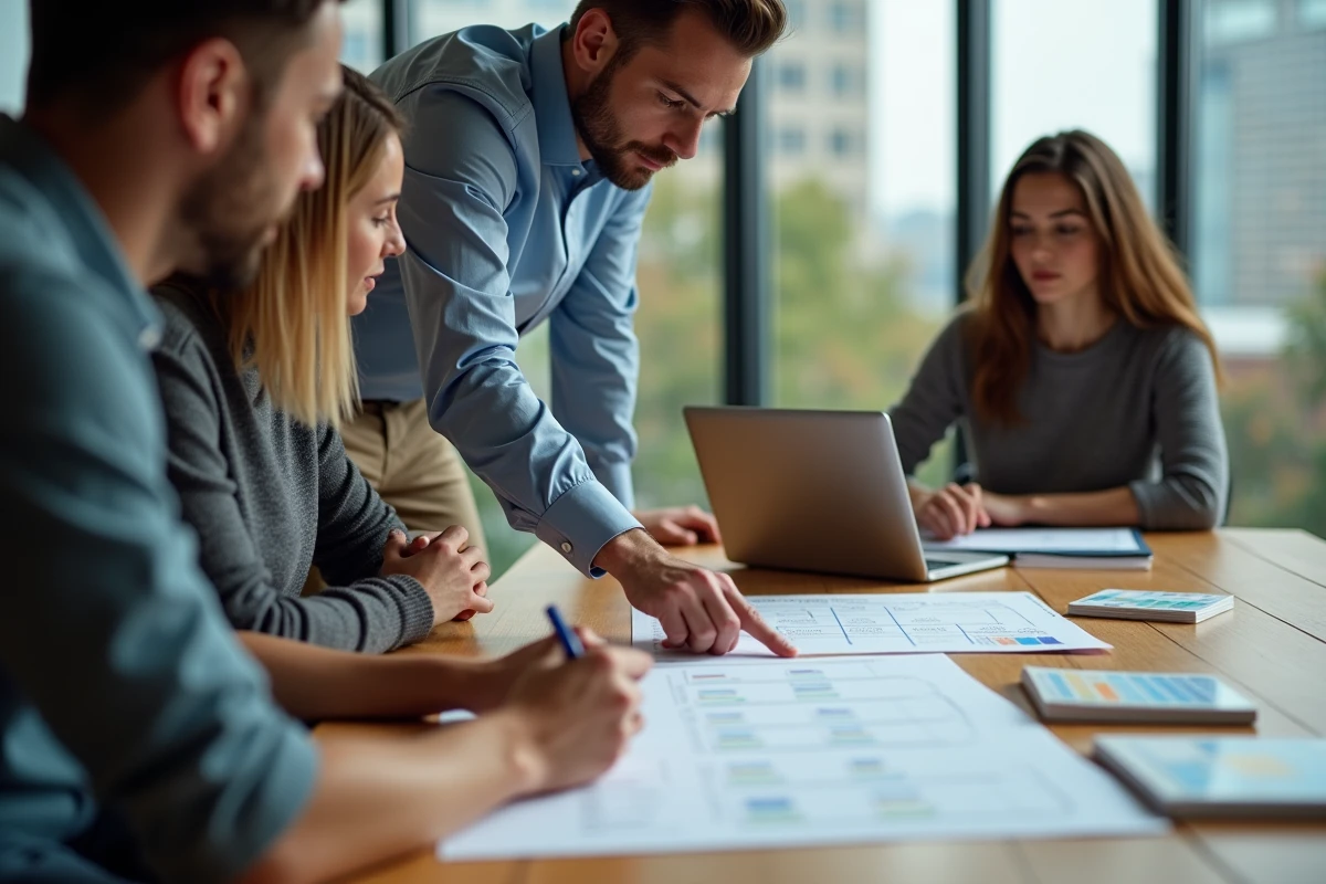 Équipe produit réunie autour d'une table pour prioriser des fonctionnalités selon une méthode feature by feature lors d'une session de roadmap