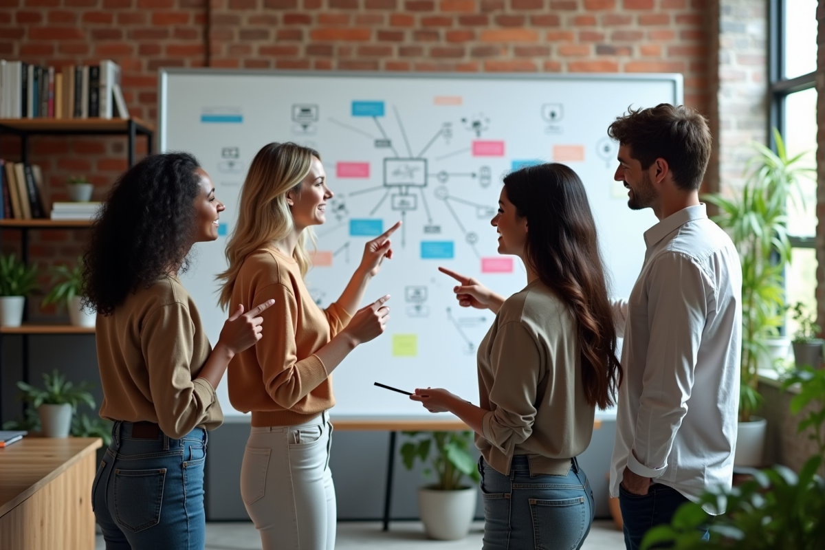 Groupe de jeunes adultes planifiant leur stratégie réseaux sociaux