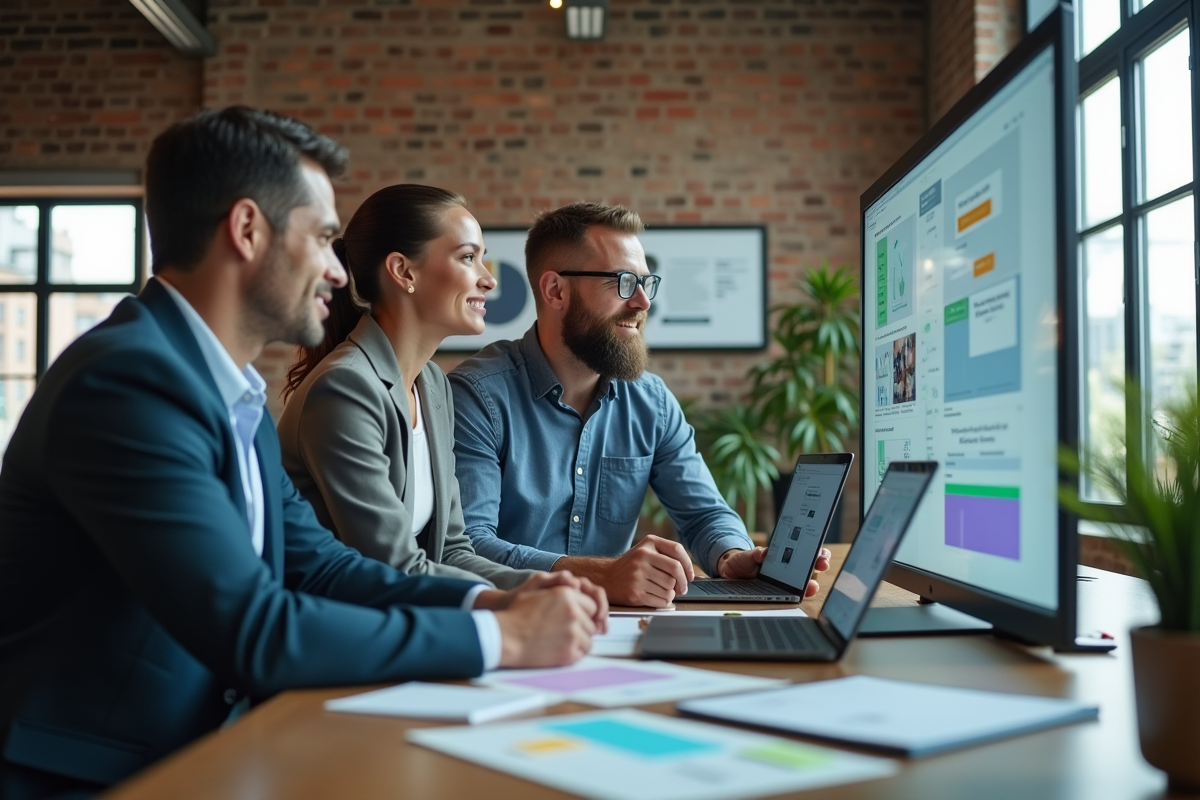 Groupe de professionnels collaborant sur un grand ecran en réunion