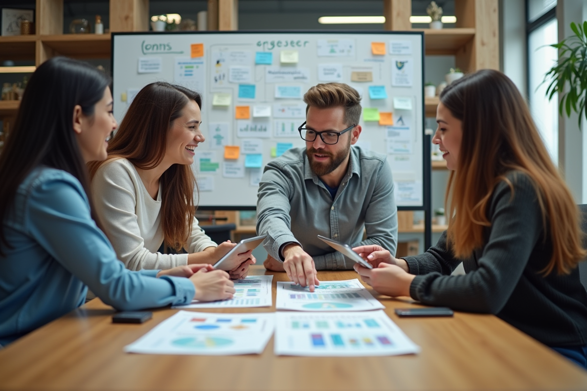Groupe de trois developpeurs discutant d une roadmap