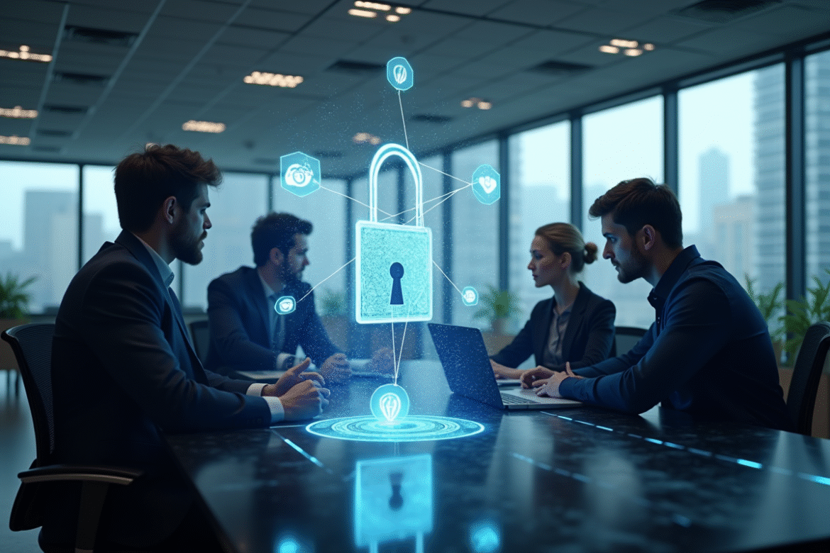 Espace de travail moderne avec collaborateurs et hologrammes de sécurité