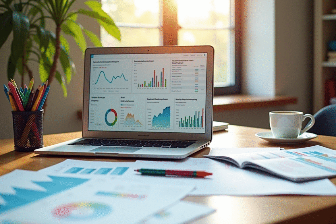 Espace de travail créatif avec ordinateur et graphiques SEO