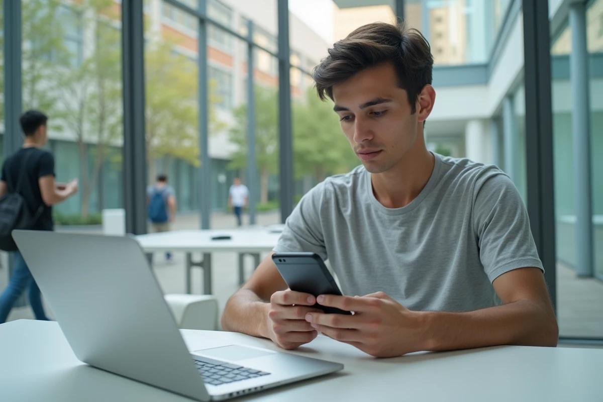 Étudiant utilisant son smartphone et son ordinateur pour accéder à l'intranet Lyon 3 dans un espace de travail campus