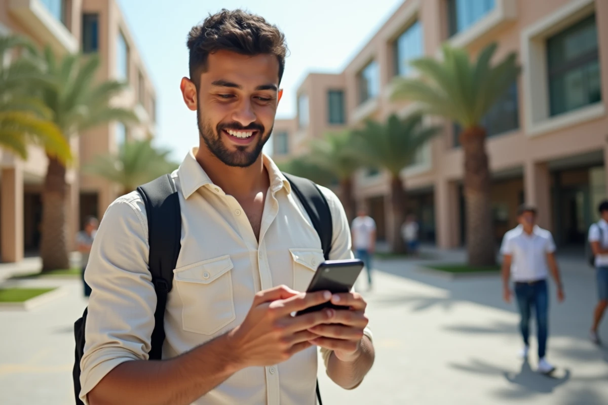 Étudiant activant une eSIM Maroc Telecom via QR code sur le campus universitaire