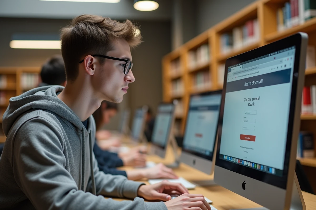 Étudiant connecté au webmail académique SOGo Lille depuis un ordinateur en bibliothèque universitaire