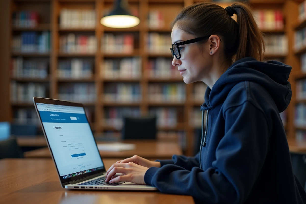 Étudiante connectée à l'intranet de l'université Lyon 3 sur son ordinateur portable en bibliothèque universitaire