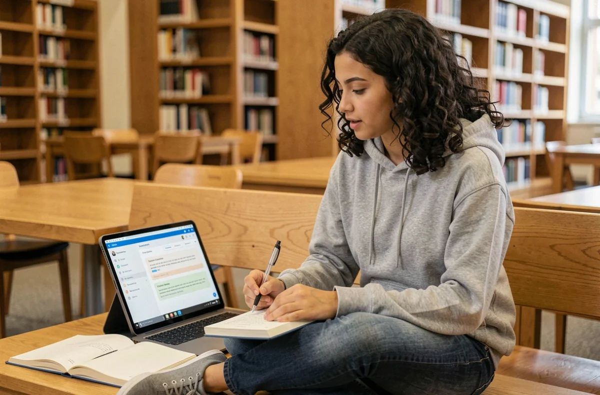 Étudiante universitaire consultant un correcteur de texte en ligne sur tablette dans une bibliothèque moderne