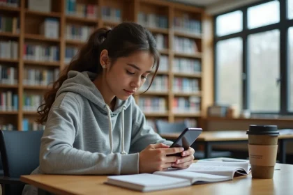 Étudiante consultant une offre eSIM Maroc Telecom sur son smartphone dans une bibliothèque universitaire