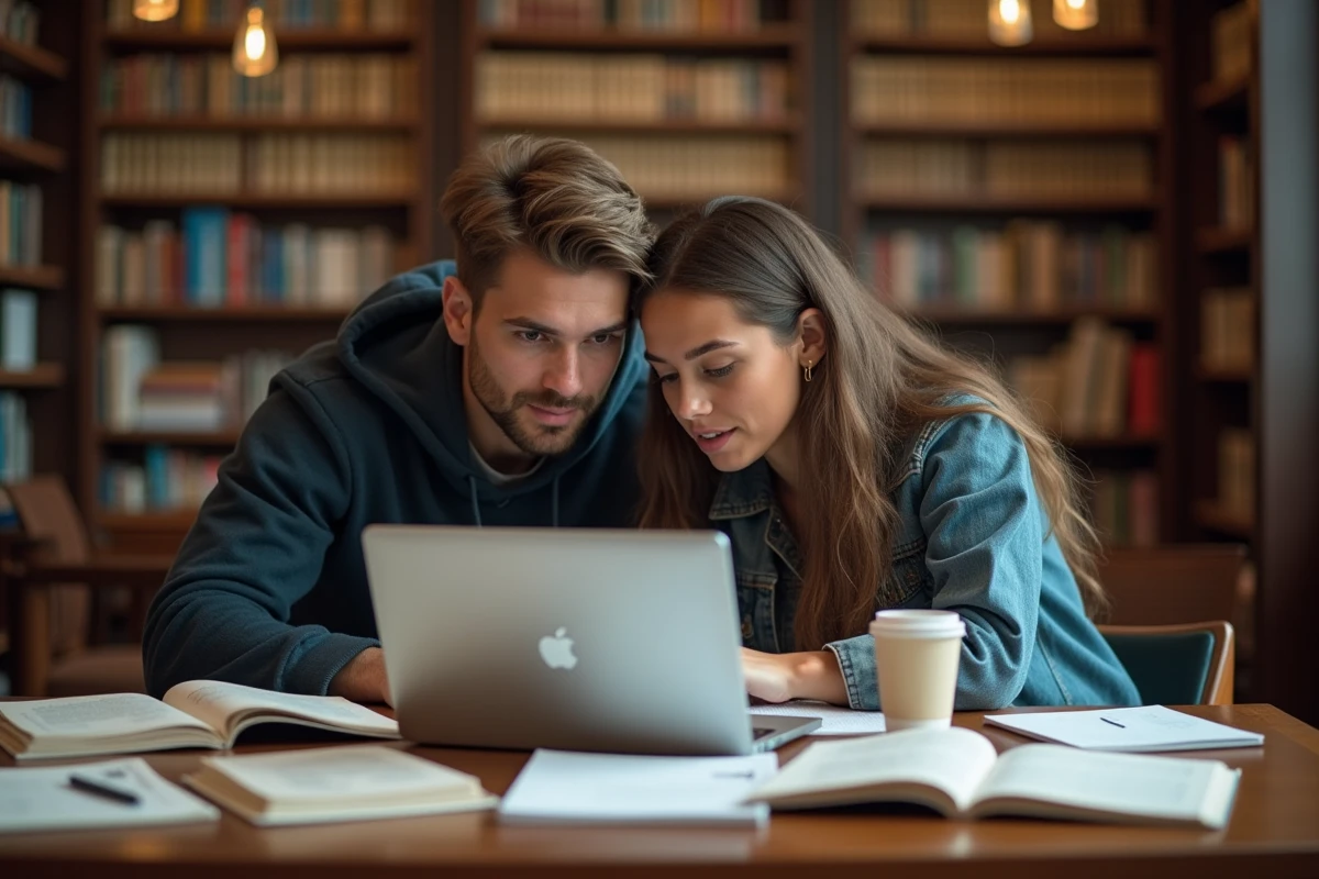 Deux étudiants universitaires collaborant sur un apprentissage de Python avec des livres et des notes dans une bibliothèque