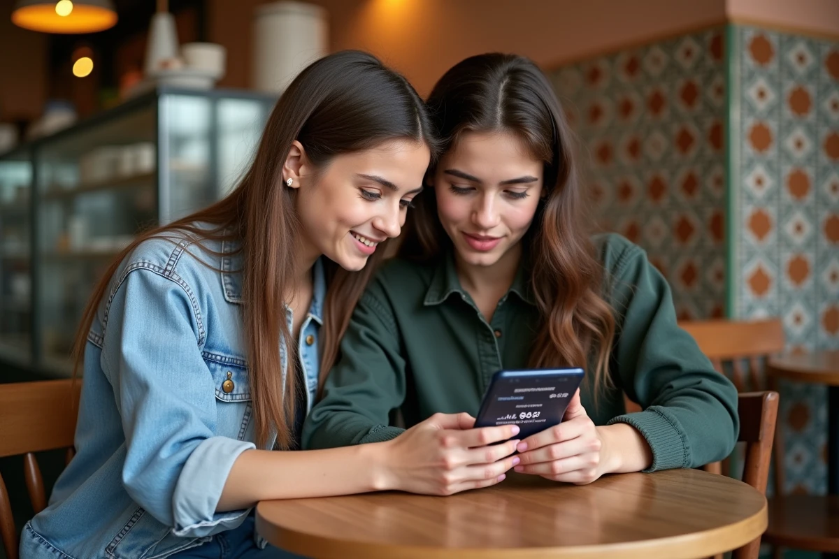 Deux étudiants comparant des forfaits eSIM Maroc Telecom dans un café marocain pour réduire leur facture mobile
