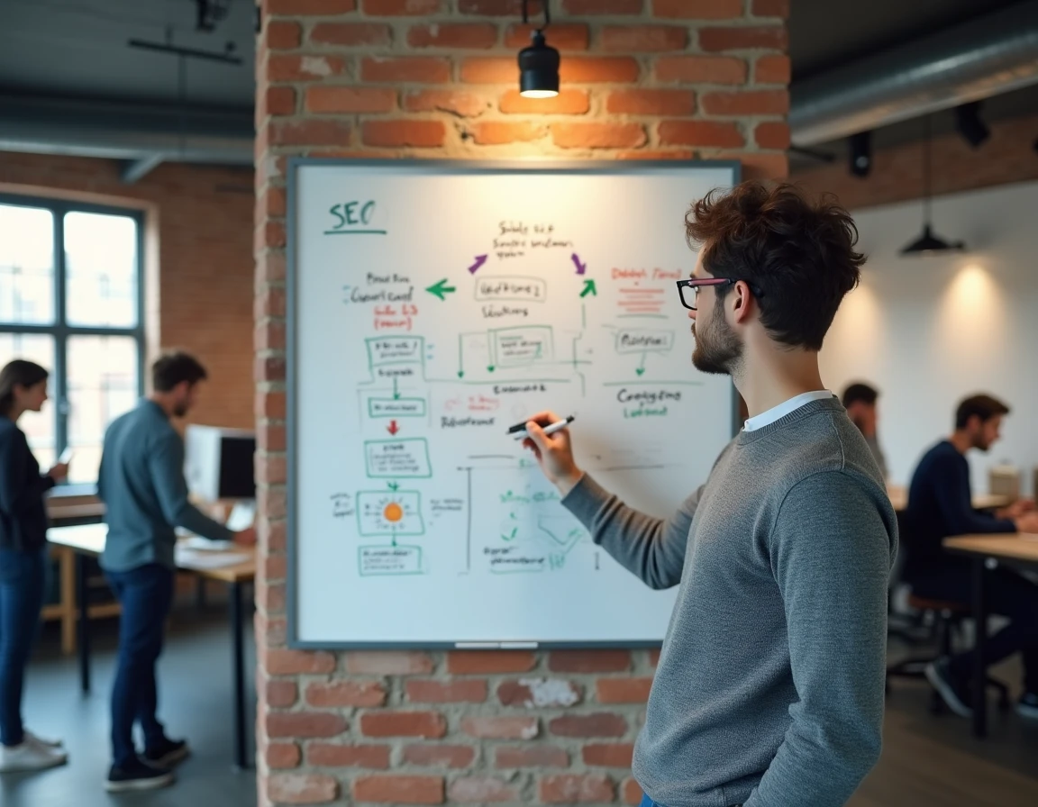 Expert en référencement naturel présentant une architecture SEO étape par étape sur un tableau blanc en co-working