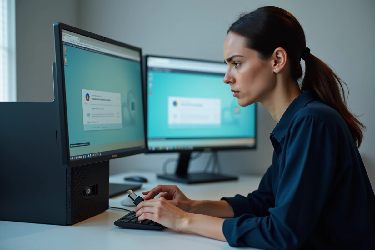Femme exportant et sauvegardant ses mots de passe Chrome sur une clé USB avant de réinstaller Windows sur un PC de bureau